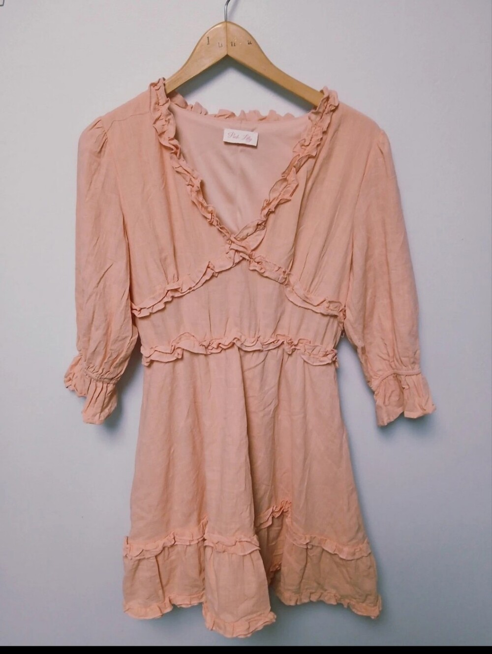 Pink Lily Ruffle Tiered Cotton Dress • Peach • Medium